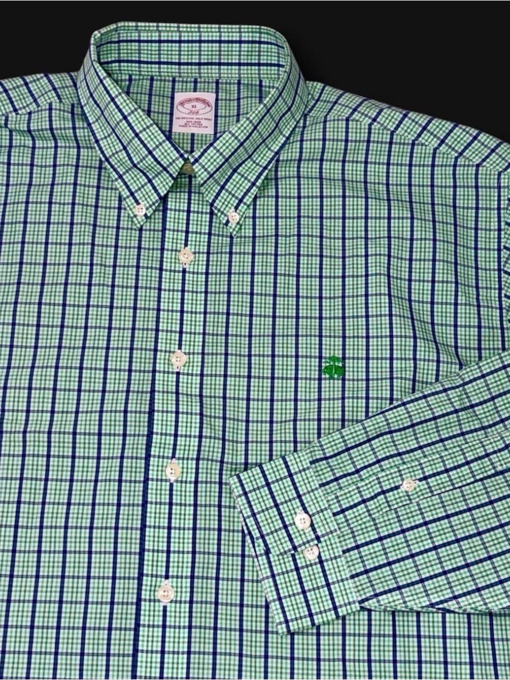 Brooks Brothers Green Navy Gingham Check Non Iron Button Down Shirt XL